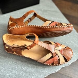 Pikolinos P. VALLARTA Semi-Open Toe Wedge Shoes Adjustable Brandy Brown Leather